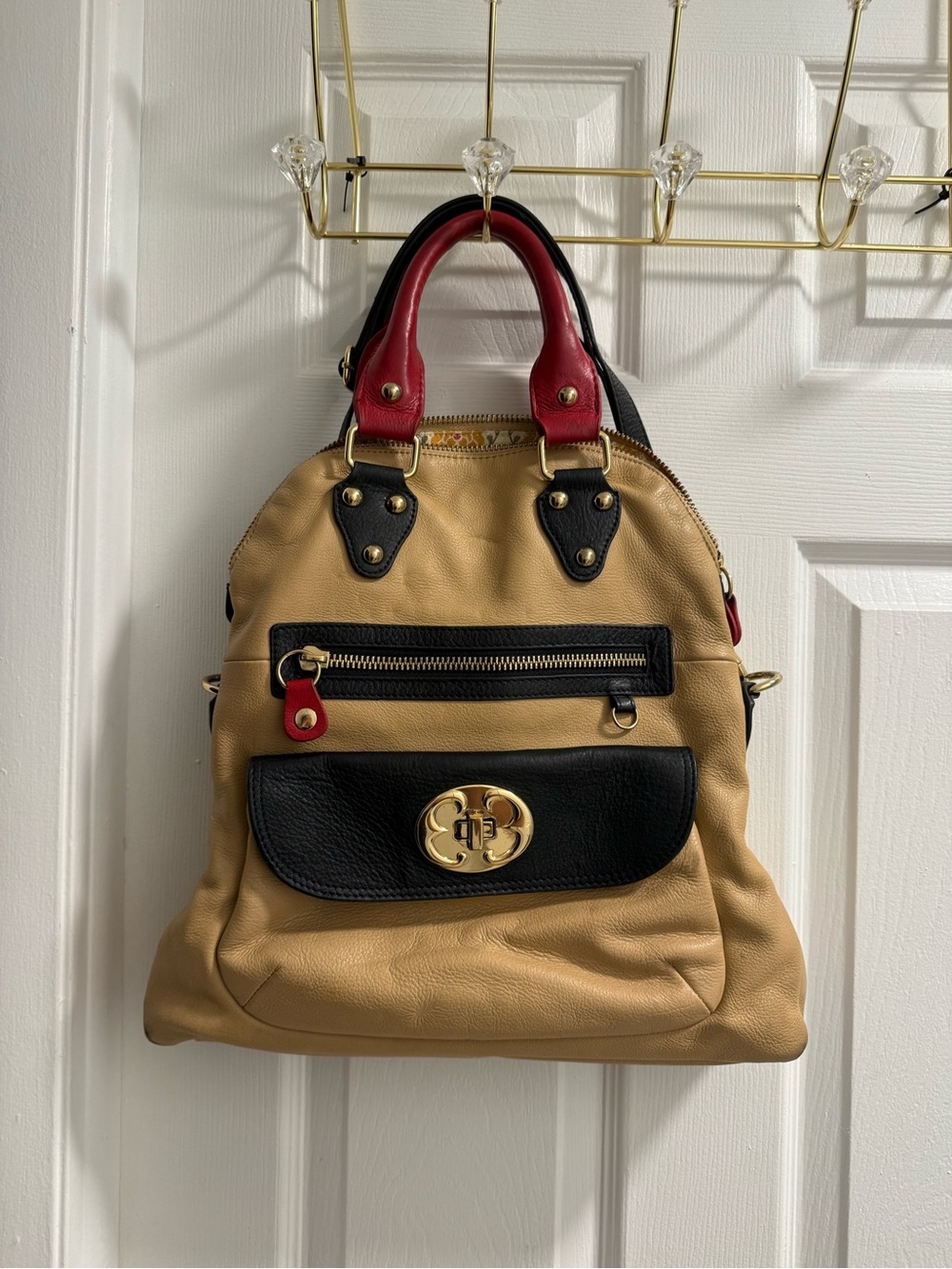 Emma Fox Tan Backpack with Black Pocket and Red Handles